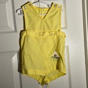 vintage yellow jumpsuit with a bear and sailboat